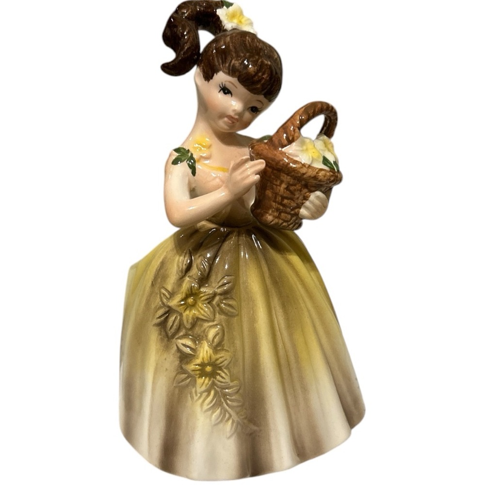Vintage 1970s Enesco Girl Figural Planter Ponytail Flower Basket Vase
